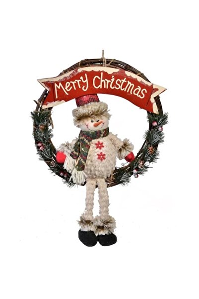UnderShop Coroană de Crăciun suspendată din lemn cu om de zăpadă Ø49cm
