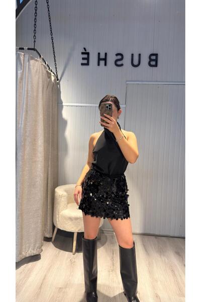 BUSHE PULLU PAYETLİ ŞORT ETEK