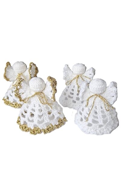OEM Set de 4 îngerași 3D croșetați cu margini albe și aurii, 9 cm, decorațiun...