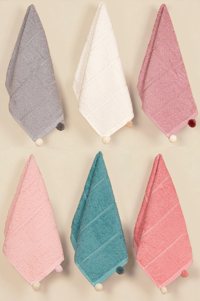 Bersay Hera 6-Piece 30X50, 100% Cotton, Pompom Kitchen & Hand Towel Set – Sof...