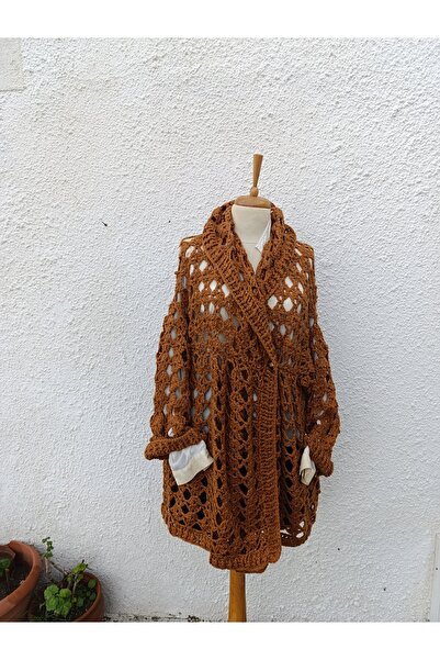 Hippybutik Tarçın Yün Akrilik İp Tığ Dokuma El İşi Tasarım Bol Kesim Hırka