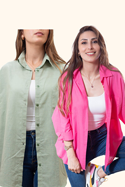 Justime Women's Oversized Cotton Linen Fuchsia - Mint Green Shirt