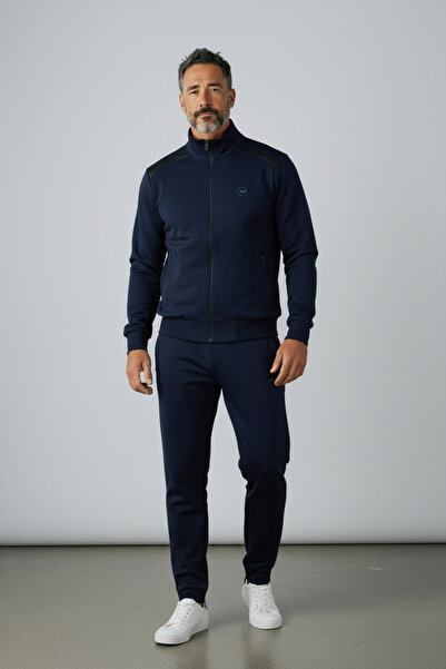 Piyera Men's Double Face Zippered Pocket Navy Blue Tracksuit Set - 7622