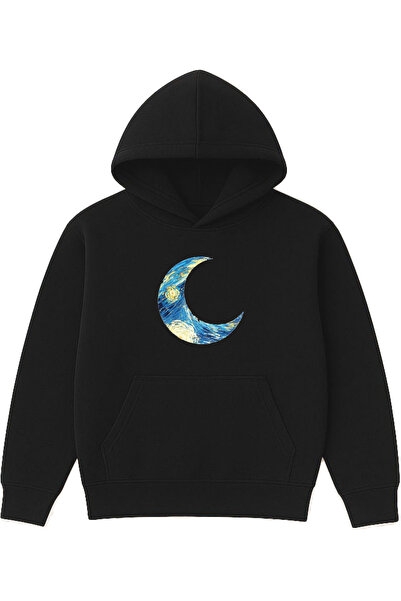 VSRN Hanorac negru supradimensionat cu glugă, imprimat cu design Moon