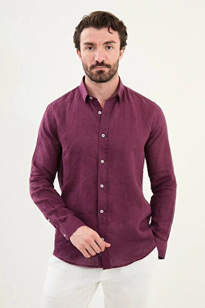 SERKAN SEVİNÇ Slim Fit Erkek Gizli Düğmeli Yaka Ham Keten Spor Gömlek