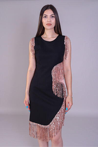 Ella Collection Rochie de seară neagră cu inserții roz și franjuri din paiete