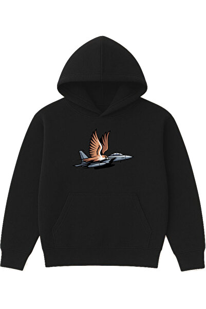 VSRN Şahin Jet Design Printed Oversized Black Hooded Sweatshirt