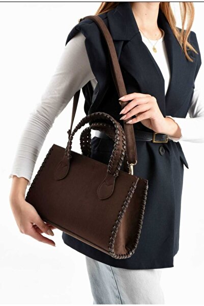 ÖZÜM TAKI Women's Suede Stitched Shoulder Bag Brown