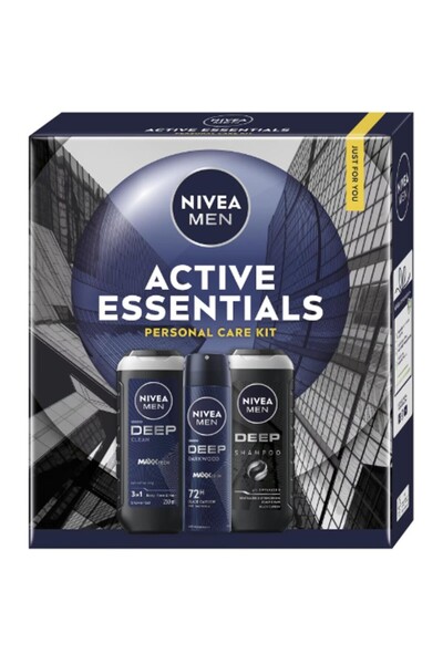 NIVEA Men's Box Men Active Essentials, Shower Gel 250 ml, Shampoo, Deodorant Spray