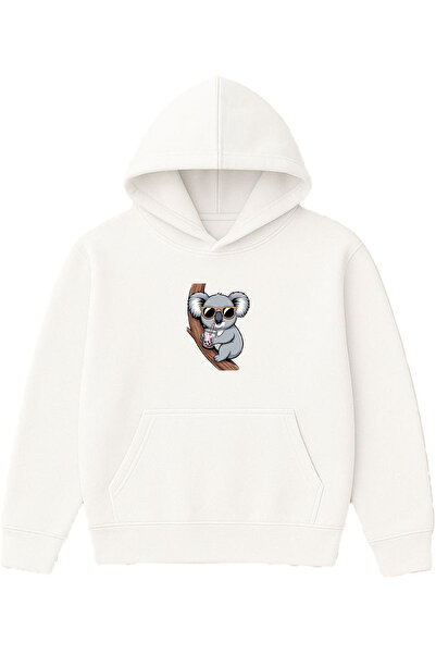 VSRN تصميم كوالا على الشجرة مطبوع قصة فضفاضة سويت شيرت أبيض بغطاء رأس