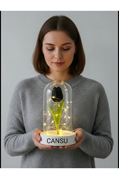 baskıtek İsimli Cam fanusta Siyah Lale, Led ışıklı, sevgiliye hediye, yılbaşı...