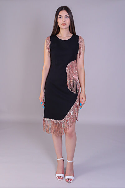 Ella Collection Rochie de seară neagră cu inserții roz și franjuri din paiete