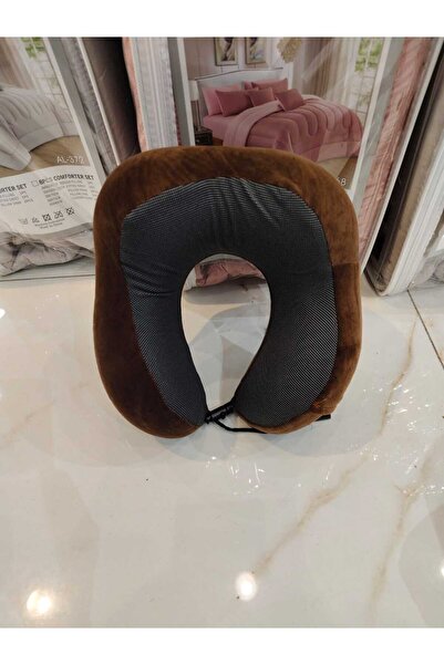 FABRIC وسادة رقبة على شكل U بلون البني مع منطقة دعم رمادية شبكية، مريحة للسفر.