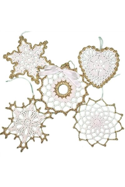 OEM Set de 5 ornamente de Crăciun croșetate manual, albe cu auriu, 11 cm