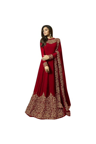MYSMAR Maroon Georgette Gown Set - PMM12907 | Maroon