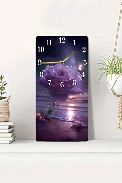 kutuTR 3D Looking 2D Uv Printing Mdf Table Clock Purple Rose and Moonlight Themed 20X40 Cm-Dts232