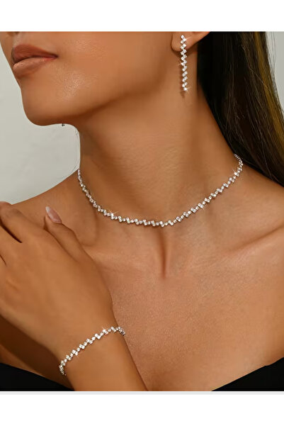 Parspera Gümüş Kaplama Pırlanta Taşlı Kolye,küpe Ve Bileklik Seti 3'lü Set Da...