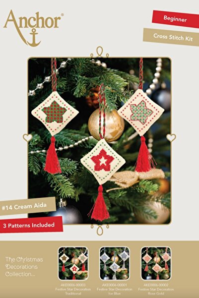 Anchor Новорічна колекція Прикраси для ялинки Набір для вишивки хрестиком (тр...