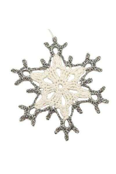 OEM Set de 4 ornamente de Crăciun croșetate manual în formă de fulg de nea, albe cu margine argintie, 11 cm