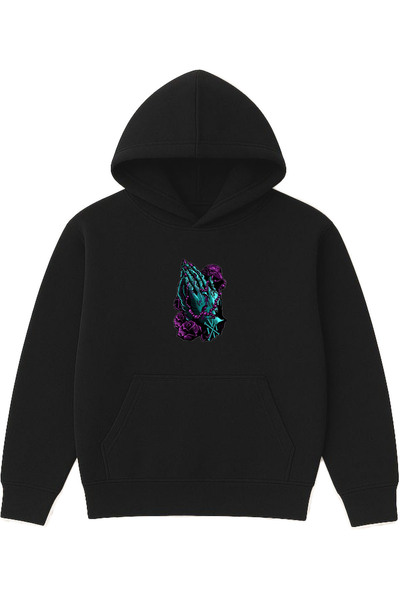 VSRN Hanorac negru supradimensionat cu glugă, cu imprimeu Blue Hands Design