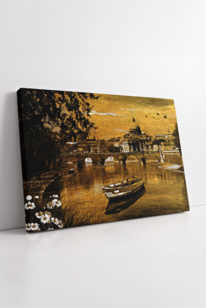 KOSS Dijital Peisaj de râu în ton auriu, siluetă a orașului, pictură pe pânză, decor artistic retro pentru birou