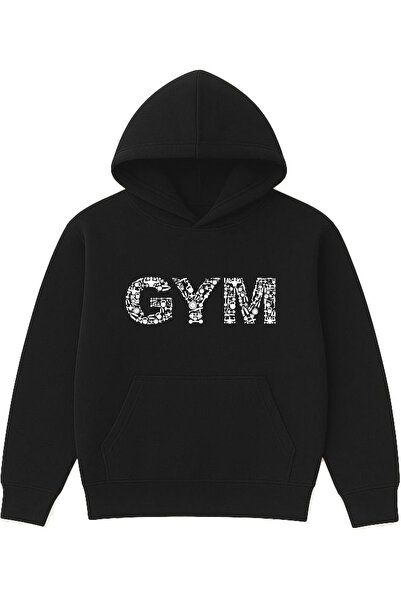 VSRN Hanorac negru supradimensionat cu glugă, cu imprimeu Gym Movement Design