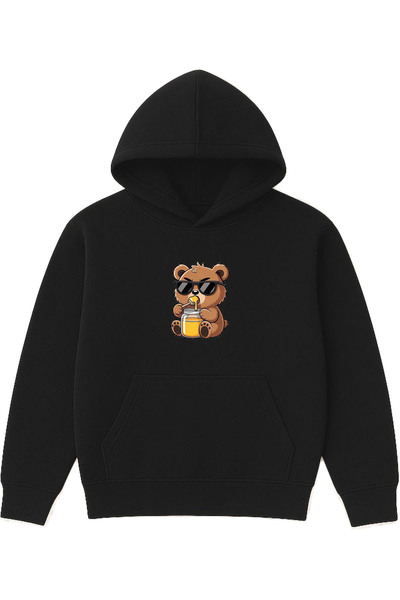VSRN تصميم الدب الذي يأكل العسل مطبوع قصة فضفاضة سويت شيرت أسود بغطاء رأس