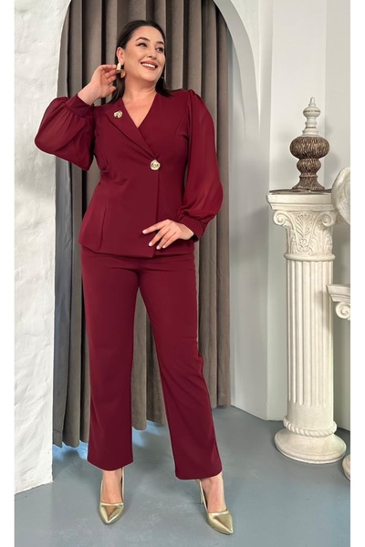 Butik Nilyam Women's Plus Size Single Collar Detailed Collar - Waist Brooch Blouse Pants Bottom - Top Set 25110