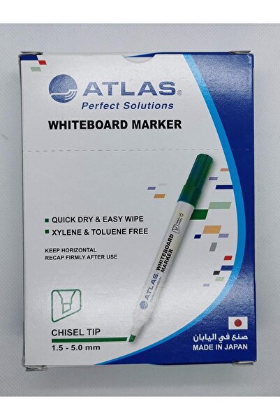 Atlas قلم سبورة أبيض ذو رأس إزميلي أخضر (عبوة من 12 قلمًا)