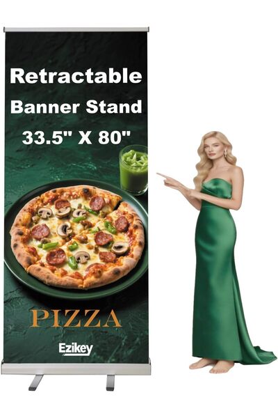 ALAYRA International حامل لافتة قابل للسحب 33.5 × 80 مع حقيبة حمل للمناسبات و...