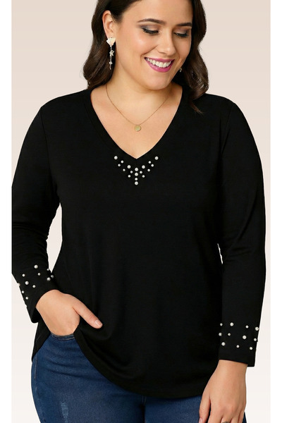 Curvy Trend Plus Size Collar and Sleeve Tip Pearl Embroidered V-Neck Long Sleeve Wide Hem Blouse Black