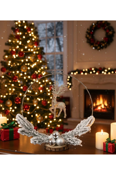 Herum Christmas arrangement with installation, HANDMADE, glitter reindeer, decorative branches, globes