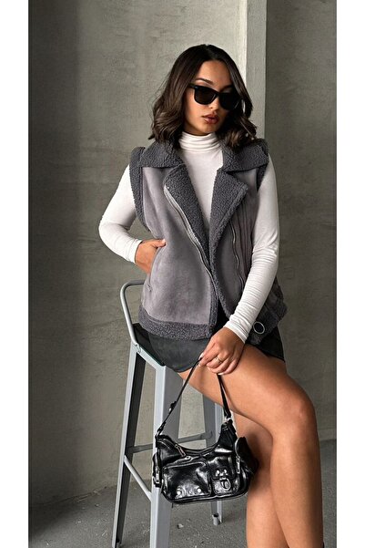Caddebostan Moda Gray Suede Collar Fur Premium Luxury Trend Special Design Women's Vest