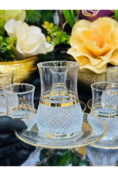 LOKMAN ZÜCCACİYE SHOWROOM 6-Person Hand-Cut Gold Gilded Tea Set and Cup Set