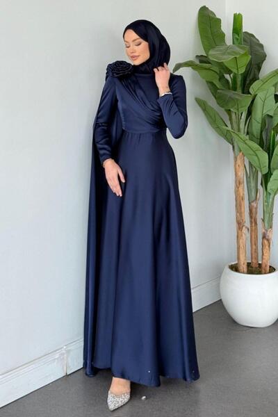 Şulemoda Giyim Satin Evening Dress with Scarf Navy Blue