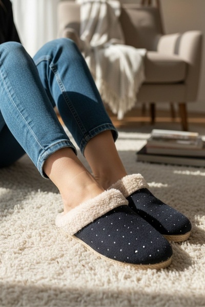 Modafırsat Winter House Slippers Black Plush Woolen Women's Slippers Guest Dowry Bundle Bridal Slippers