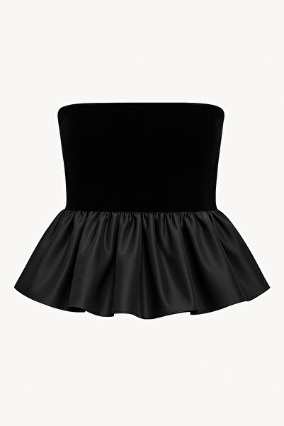 ALYEL NAKER Black Velvet Ruffle Detail Strapless Top & Wide Leg Pants Set