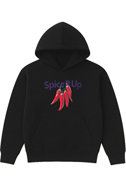 VSRN Hanorac negru supradimensionat cu glugă, cu imprimeu Spice It Up Design
