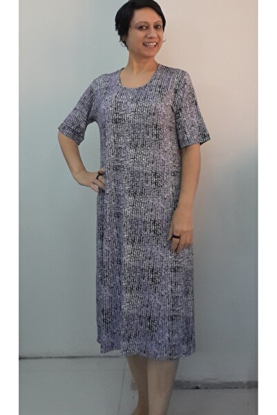Mertcan Butik Lilac Black Patterned Short-Sleeved Combed Viscose Dress
