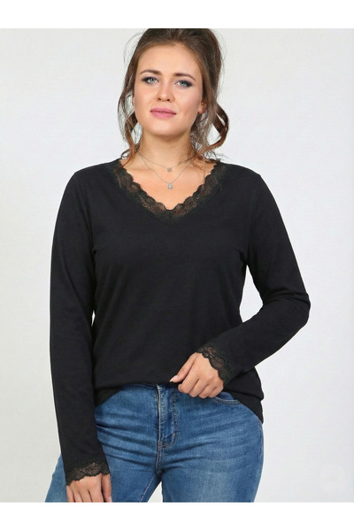 Curvy Trend Plus Size Collar and Sleeve Tip Lace Long Sleeve Viscose Blouse Black