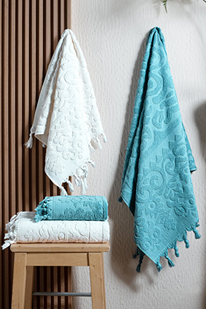 Bersay Kumsal 4-Piece Bath Towel Set 100% Cotton (2 Pieces 70X140 Size, 2 Pieces 50X90 Hand, Face, Hair Towels), 1250Gr