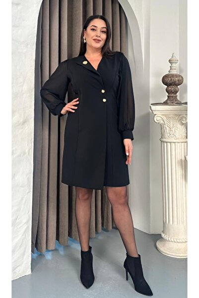 Butik Nilyam Women's Plus Size Single Collar Detailed Waist Collar Brooch Midi Evening Dress 25107