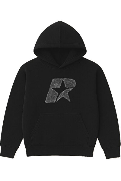 VSRN Hanorac negru supradimensionat cu glugă, imprimat cu design R 1