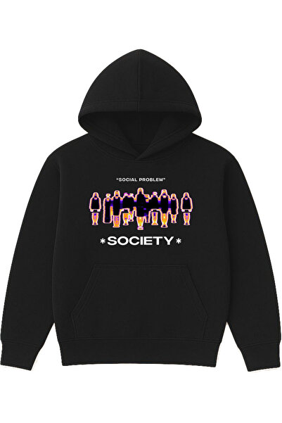 VSRN Sweatshirt negru supradimensionat cu glugă, imprimat cu design Social Pr...