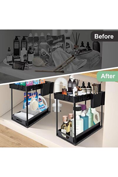 TrendyLux Set 2 rafturi glisante 2 compartimente – organizator bucătărie/birou/baie, metal + ABS, negru