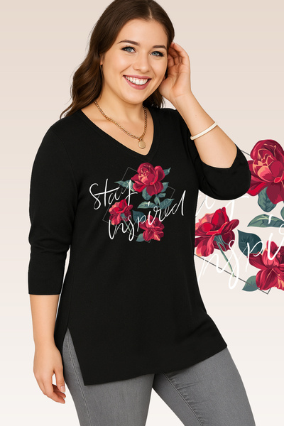 Curvy Trend Plus Size Stay Inspired Printed V-Neck Long Sleeve Side Slit Blouse Black