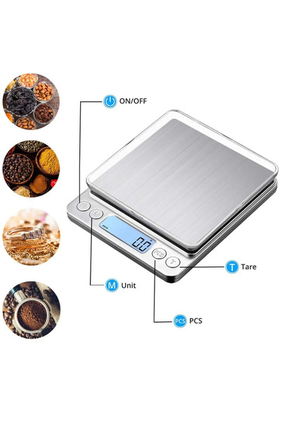 ROBOLOG Dijital Hassas Tartı 500gr/0.1gr, Mutfak Terazisi, Gümüş Renkli