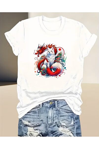 oneagılyazı Art Creative Fox Printed T-Shirt for Women