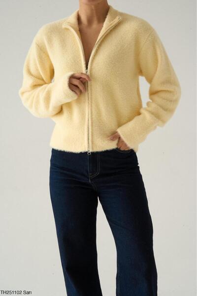 CADDELAMODA Women's Mock Neck Double Zippered Furry Soft Cardigan