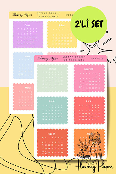 Flowery Paper 2'li Sticker Takvim , Defter,ajanda ,journal,scrapbook,için Uyg...